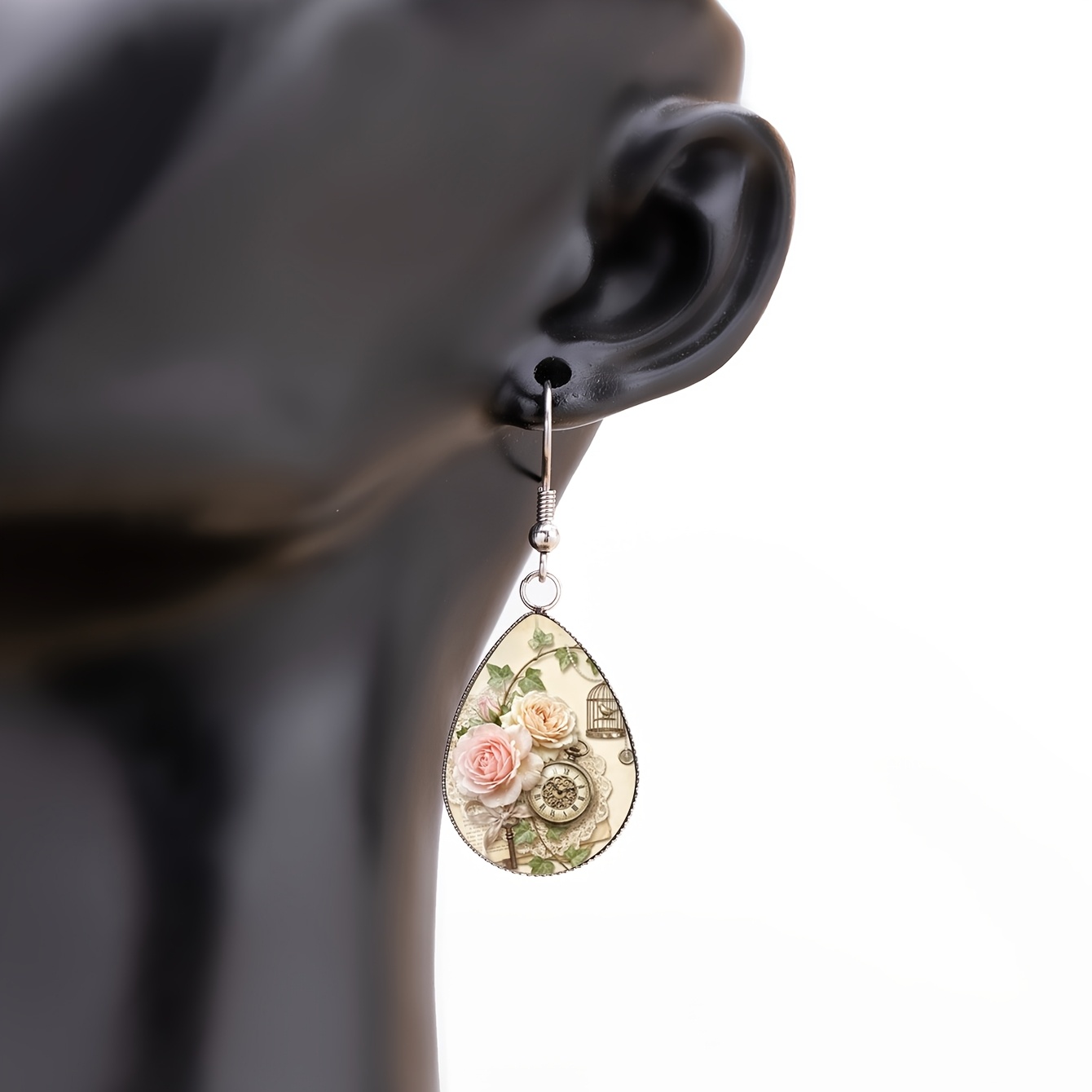 Rose-themed Pocket Watch Cage Pattern Drop Earrings, Romantic Style